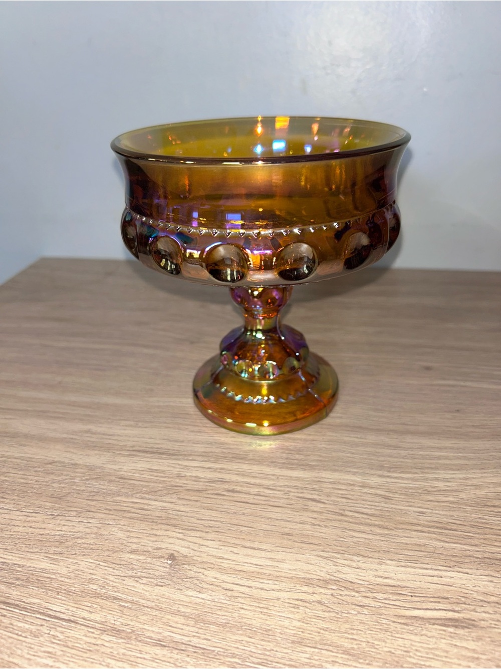 Indiana Glass Amber Carnival Glass Pedestal Compote 1970s iridescent golden